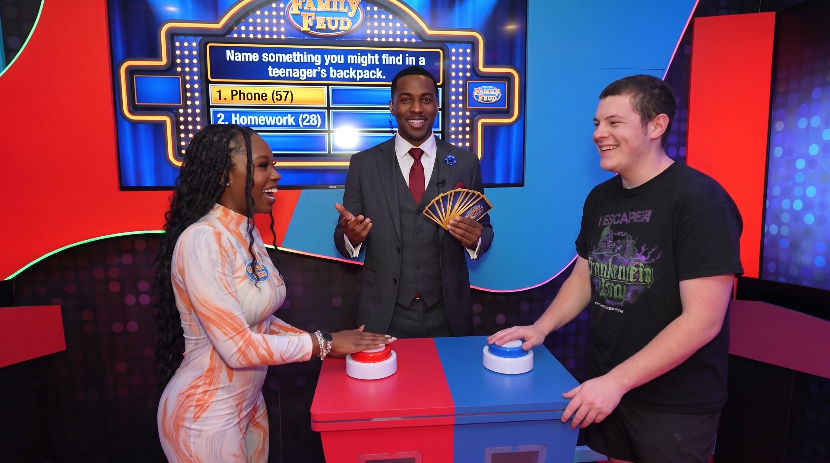Contestants facing off at podiums in a trivia round
